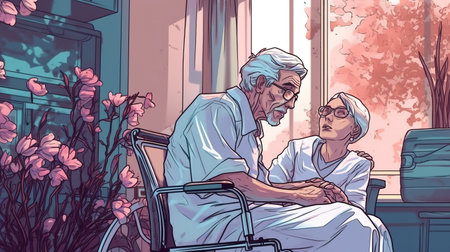 Home healthcare worker providing elderly care. Fantasy concept , Illustration painting.の写真素材