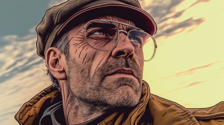 Portrait of a man with glasses looking at the sky. Fantasy concept , Illustration painting.の写真素材