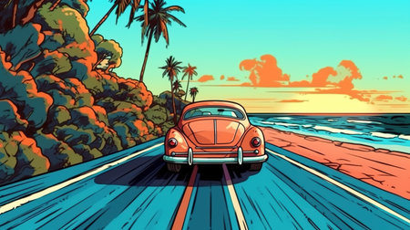 Vintage car driving on a coastal road. Fantasy concept , Illustration painting.の写真素材