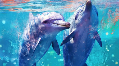 Friendly dolphins in the water . Fantasy concept , Illustration painting.の写真素材