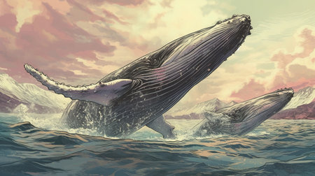 Majestic whales breaching the surface. Fantasy concept , Illustration painting.の写真素材