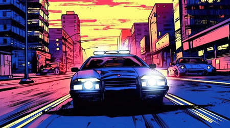 Police car chasing a suspect through city streets. Fantasy concept , Illustration painting.