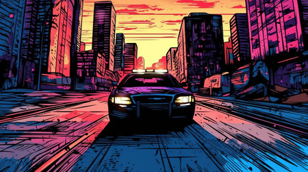 Police car chasing a suspect through city streets. Fantasy concept , Illustration painting.の写真素材