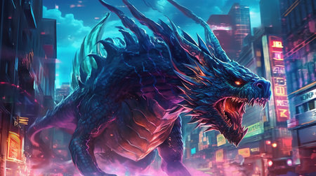 A dragon breathing fire in a sci-fi metropolis .の写真素材