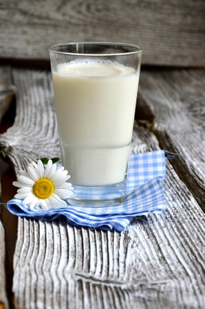 Glass of milk on the blue checked napkin.の写真素材