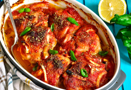 Chicken legs stewed in sweet and sour sauce on a rustic background.の写真素材