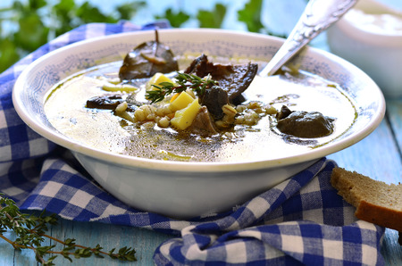 Soup from dried mushroom with vegetables and barley in a bowl on rustic background.の写真素材