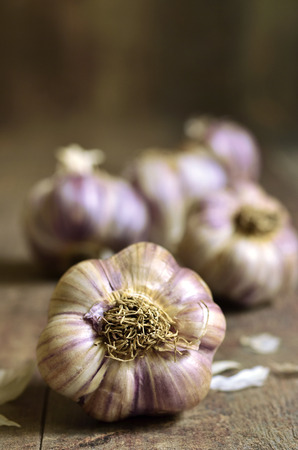 Garlic on a wooden table.Rustic style.の写真素材