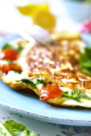 Omelet with tomatoes and spinach on a blue vintage plate.の写真素材