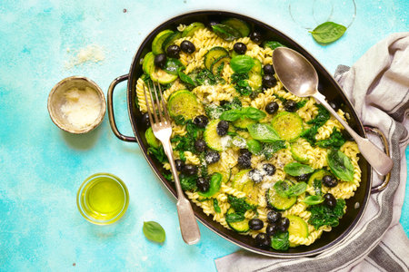 Summer pasta with green vegetables and black olives on a light blue slate,concrete or stone background.Top view.の写真素材