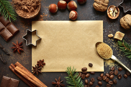 Food background with christmas spices on a dark slate, stone or concrete background.Top view with copy space.の写真素材