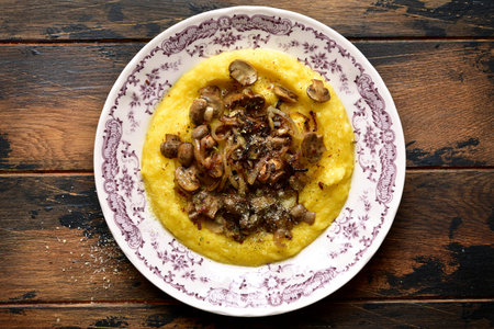 Polenta with fried mushrooms, parmesan cheese and caramelized onion on a vintage plate over dark rustic wooden table.Top view with copy space.の写真素材