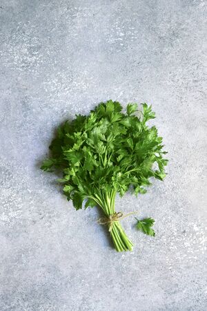 Bunch of fresh parsley on a light grey slate, stone or concrete background. Top view with copy space.の写真素材