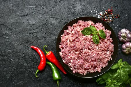 Homemade minced meat in a black bowl over dark slate, stone or concrete background with ingredients for making.Top view with copy space.の写真素材
