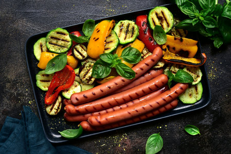 Grilled bavarian sausage with vegetables on a black dish over dark slate, stone, concrete or metal...