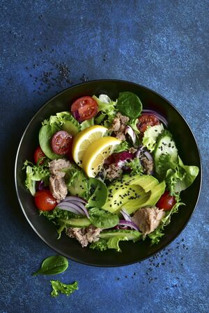 Vegetable salad with tuna and avocado in a black plate over dark blue slate, stone or concrete background. Top view with copy space.の写真素材