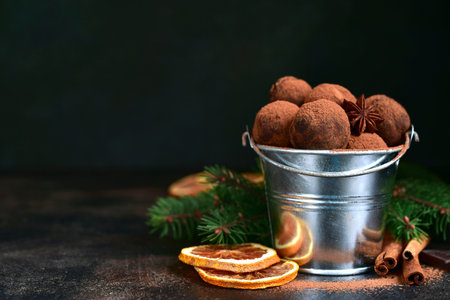 Homemade chocolate truffles with orange and winter spices on a dark slate, stone or concrete...