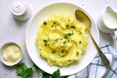 Mashed potato with cheese and herb in a white bowl on a light slate, stone or concrete background. Top view with copy space.の写真素材