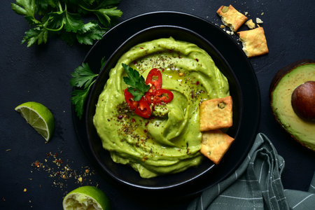 Guacamole - traditional mexican spicy avocado dip in a black bowl on a dark slate, stone or concrete...