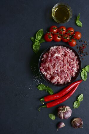 Homemade minced meat with vegetables and spices on a black slate, stone or concrete background. Top view with copy space.の写真素材