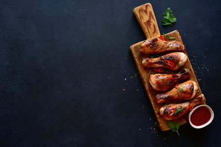 Roasted chicken legs with ketchup on a wooden cutting board on a black slate, stone or concrete background. Top view with copy space.の写真素材