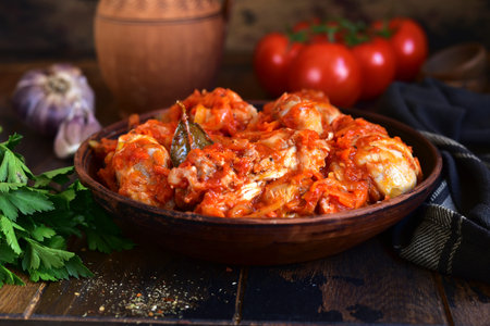 Chakhokhbili - traditional dish of georgian cuisine. Chicken stewed with vegetables : carrot, onion, tomatoes in a clay bowl on a dark rustic wooden background.の写真素材