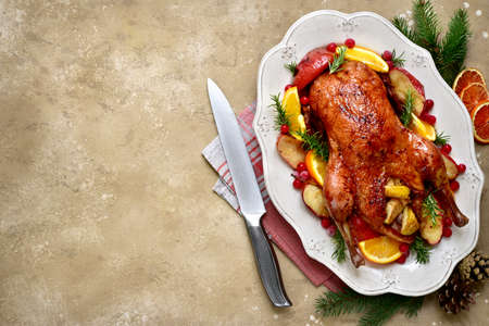 Baked christmas goose stuffed with apples on a white dish over light slate, stone or concrete background. Top view with copy space.の写真素材
