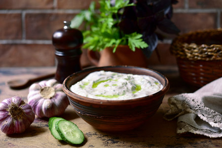 Tzatziki - traditional greek yogurt sauce with cucumber, garlic and dill in a bowl on a dark slate, stone or concrete background.の写真素材