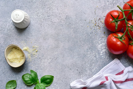 Culinary background with traditional ingredients of mediterranean (italian) cuisine on a light gray...