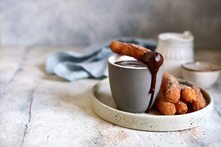 Traditional spanish dessert churros - fried choux pastry with chocolate sauce on a plate on a light...