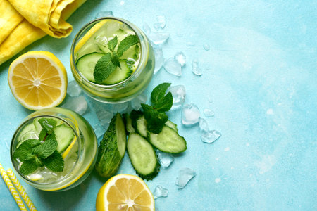 Delicious cold summer lemonade with cucumber and mint on a light blue slate, stone or concrete...