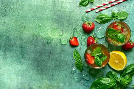 Cold summer fruit lemonade with strawberry, lemon and basil in a glasses on a green slate, stone or...