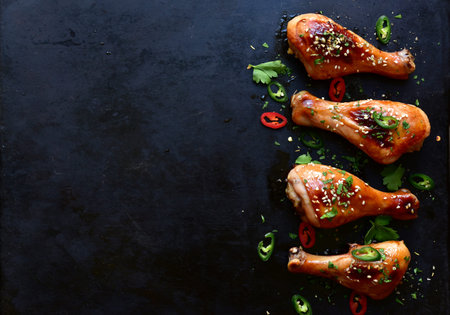 Roasted spicy chicken legs on a black metal tray. Top view with copy space.