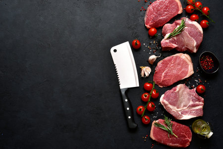 Various types of meat with ingredients for cooking: tomatoes, spices and salt on a dark slate, stone or concrete background. Top view with copy space.の写真素材