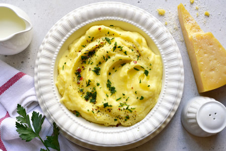 Mashed potato with parmesan cheese and herb in a white bowl on a light slate, stone or concrete...