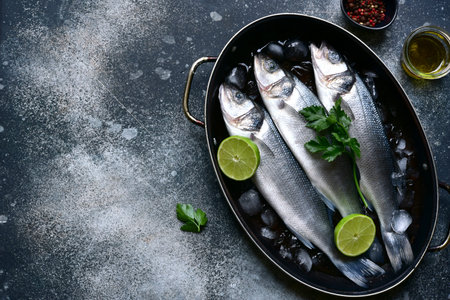 Raw sea bass - organic delicious ocean fish in a skillet pan on dark slate, stone or concrete background. Top view with copy space.の写真素材