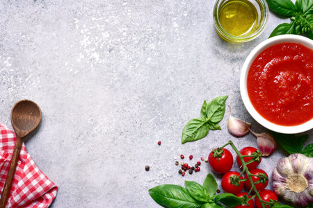 Homemade tomato sauce with ingredients for making on a light gray slate, stone or concrete...