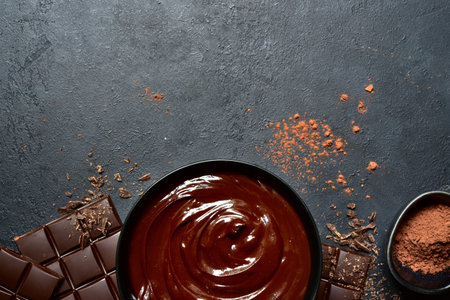 Homemade chocolate ganache in a black bowl on a dark slate, stone or concrete background. Top view...
