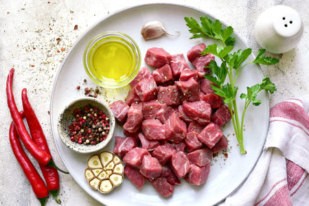 Raw meat cubes with spices on a plate on a light gray slate, stone or concrete background. Top view...