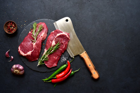 Raw organic rib eye steak with ingredients for making on a dark slate, stone or concrete background. Top view with copy space.の写真素材