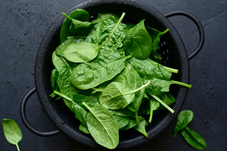 Fresh organic baby spinach leaves on a black slate, stone or concrete background. Top view with copy space.の写真素材