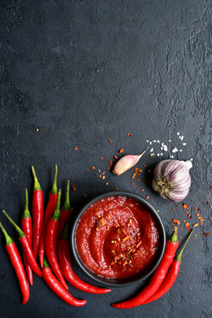 Spicy asian dip harissa with roasted red pepper and garlic on a black slate, stone or concrete background.Top view with copy space.の写真素材