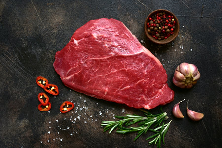 Raw organic beef steak with spices on a black slate, stone or concrete background. Top view with copy space.の写真素材
