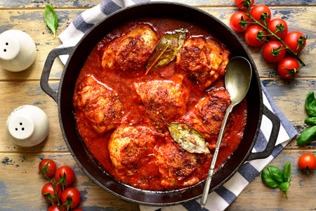 Chicken thigh stew in tomato sauce with vegetables in a skillet pan on a wooden rustic background. Top view with copy space.の写真素材