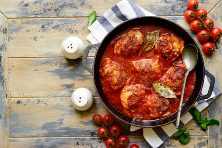 Chicken thigh stew in tomato sauce with vegetables in a skillet pan on a wooden rustic background. Top view with copy space.の写真素材