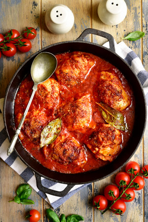 Chicken thigh stew in tomato sauce with vegetables in a skillet pan on a wooden rustic background. Top view with copy space.の写真素材