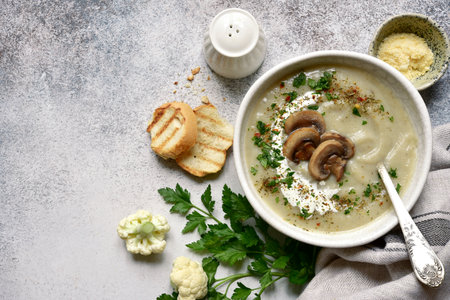 Cauliflower soup with mushrooms in a bowl over light gray slate, stone or concrete background. Top view with copy space.の写真素材