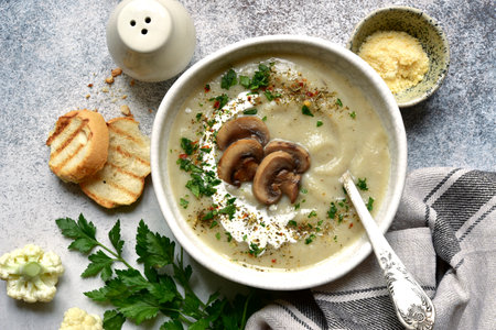 Cauliflower soup with mushrooms in a bowl over light gray slate, stone or concrete background. Top view with copy space.の写真素材