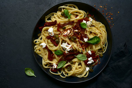 Pasta bavette with dried tomatoes, capers and ricotta on a black plate over dark slate, stone or concrete background. Top view with copy space.の写真素材