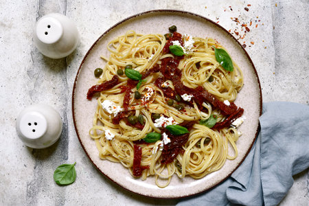 Pasta bavette with dried tomatoes, capers and ricotta on a black plate over light gray slate,stone or concrete background. Top view with copy space.の写真素材